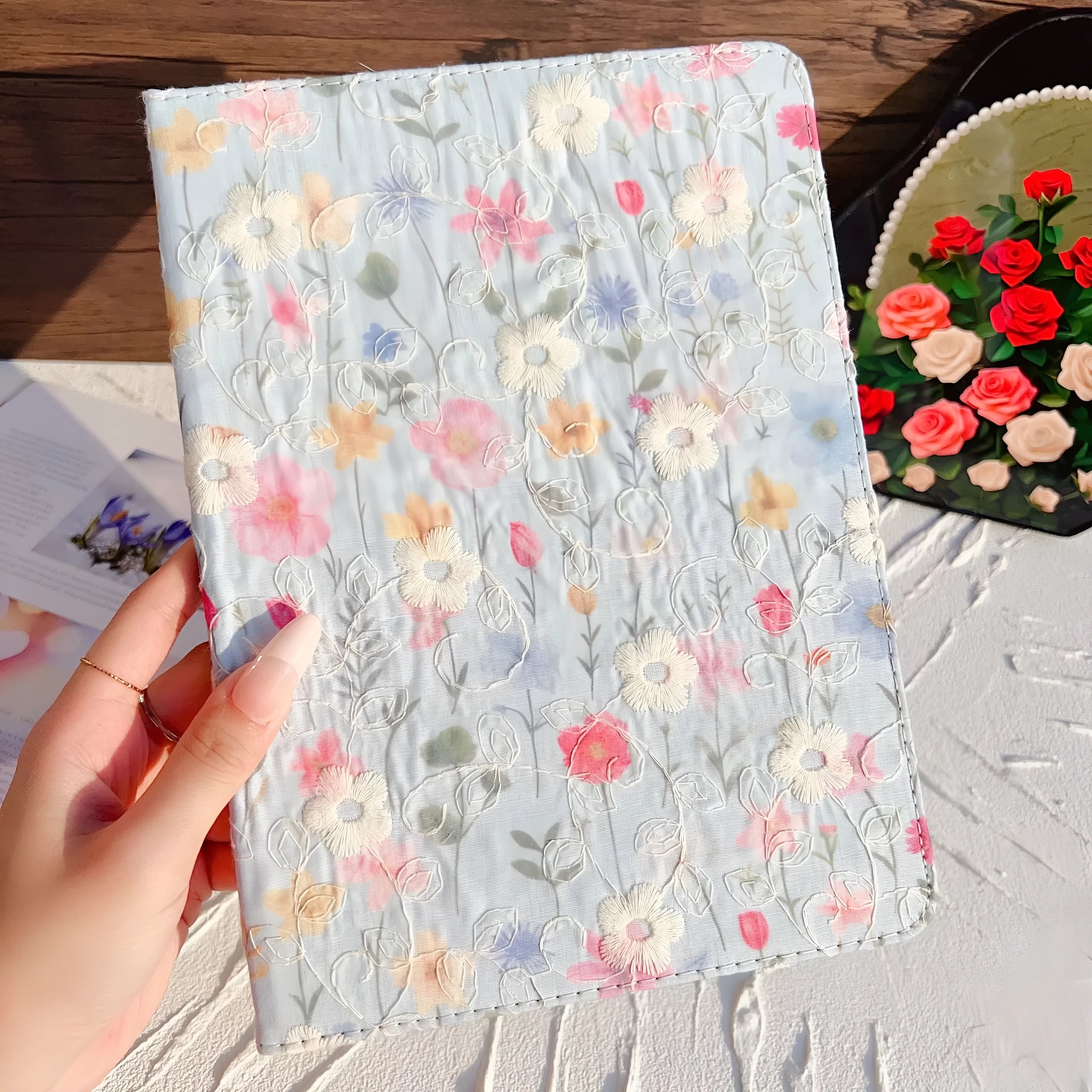 Imitation leather flip tablet case with pen slot and embossed texture, sky blue colour, for iPad Air 6