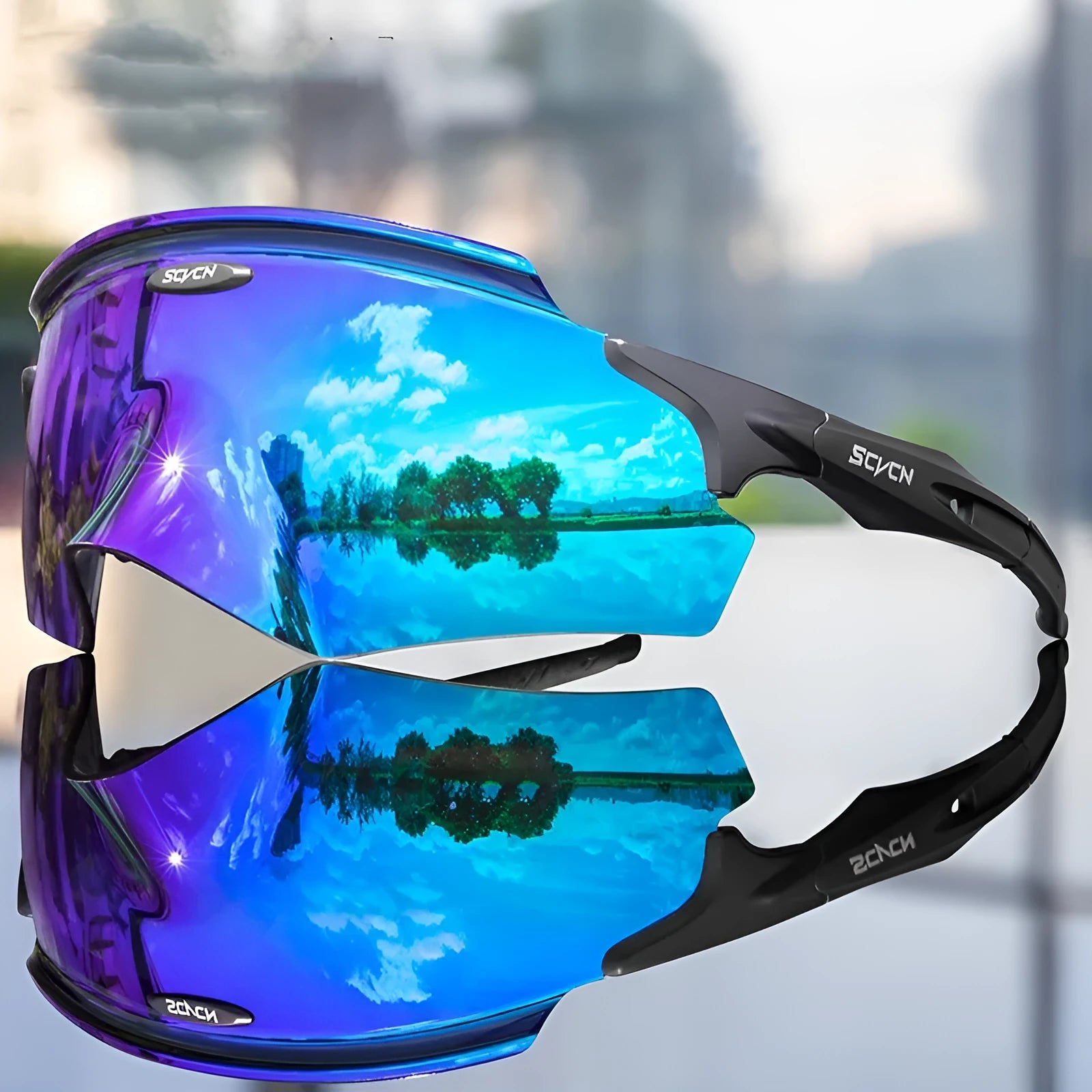 Integrated lens windproof sports glasses with frameless colourful design.
