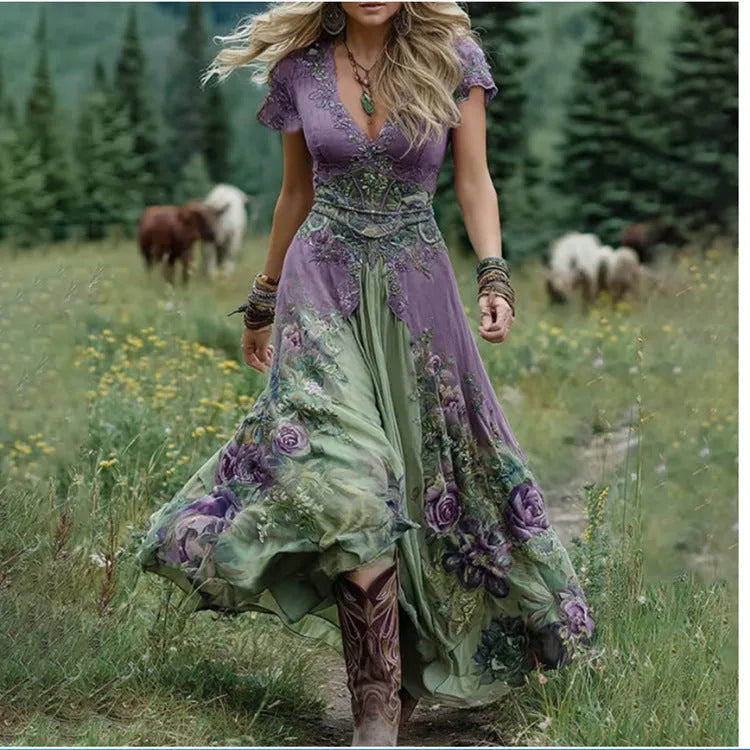 Women's loose deep V short sleeve dress with creative totem print in retro style, available in green, blue, apricot, purple, pink