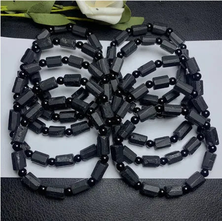 Natural black tourmaline rough stone bracelet unisex 10mm beads Seiko treatment