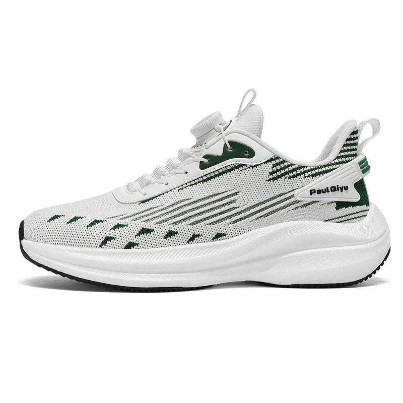 Men's white green rotating buckle sports shoes with Fly-kit mesh upper and TPU popcorn sole in low-top design
