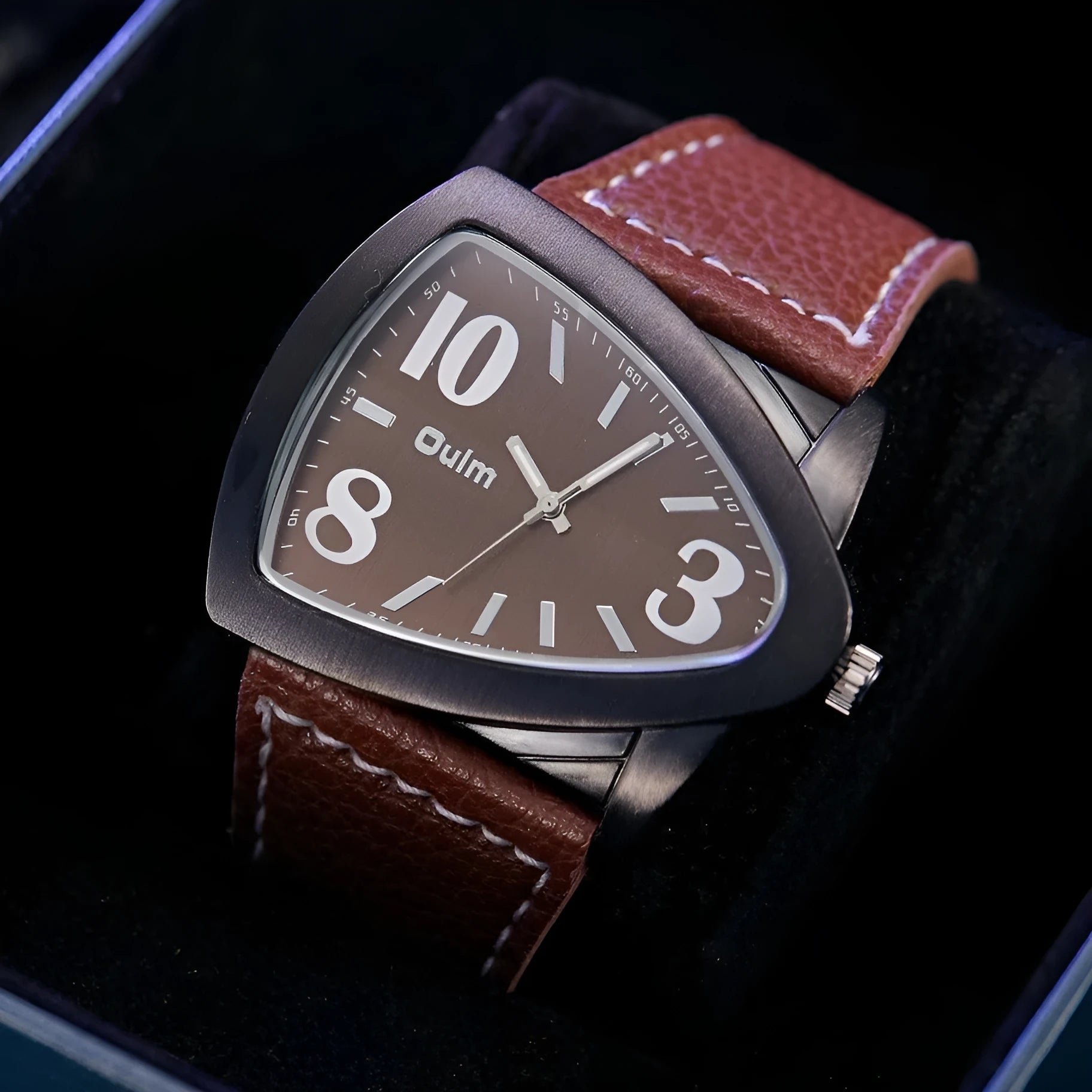Men's triangle belt quartz watch showing 9mm thickness in brown, black or blue colour options