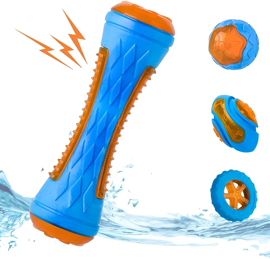 Set of three floating squeaky dog toys: a red ball, a blue barbell, and an orange tyre.