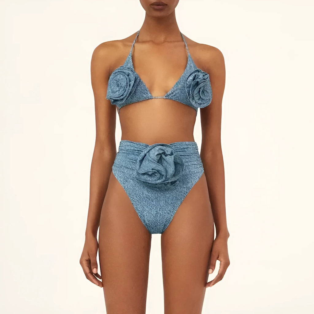 3D flower decoration halter lace-up bikini for women, polyester fabric, briefs style, sleeveless