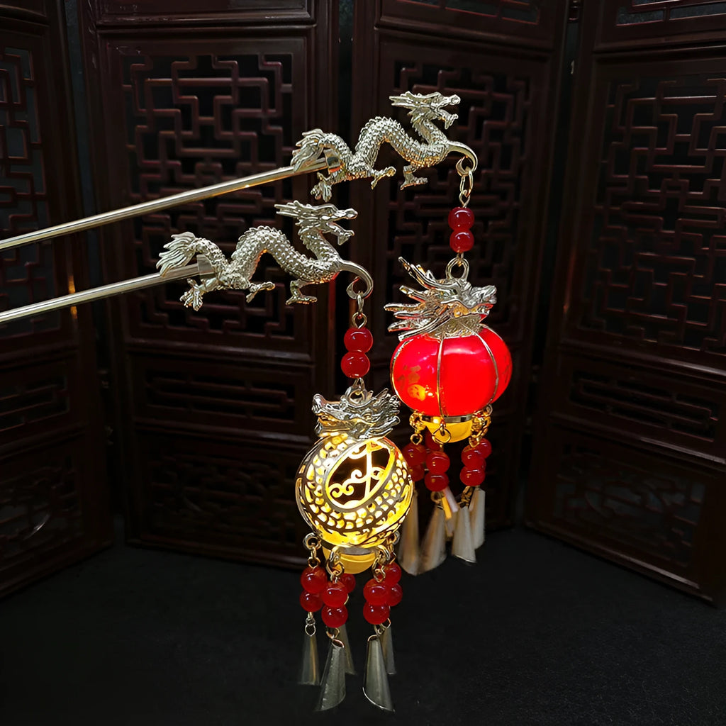 Dragon year luminous lantern hairpin with pearl finish and retro geometric design