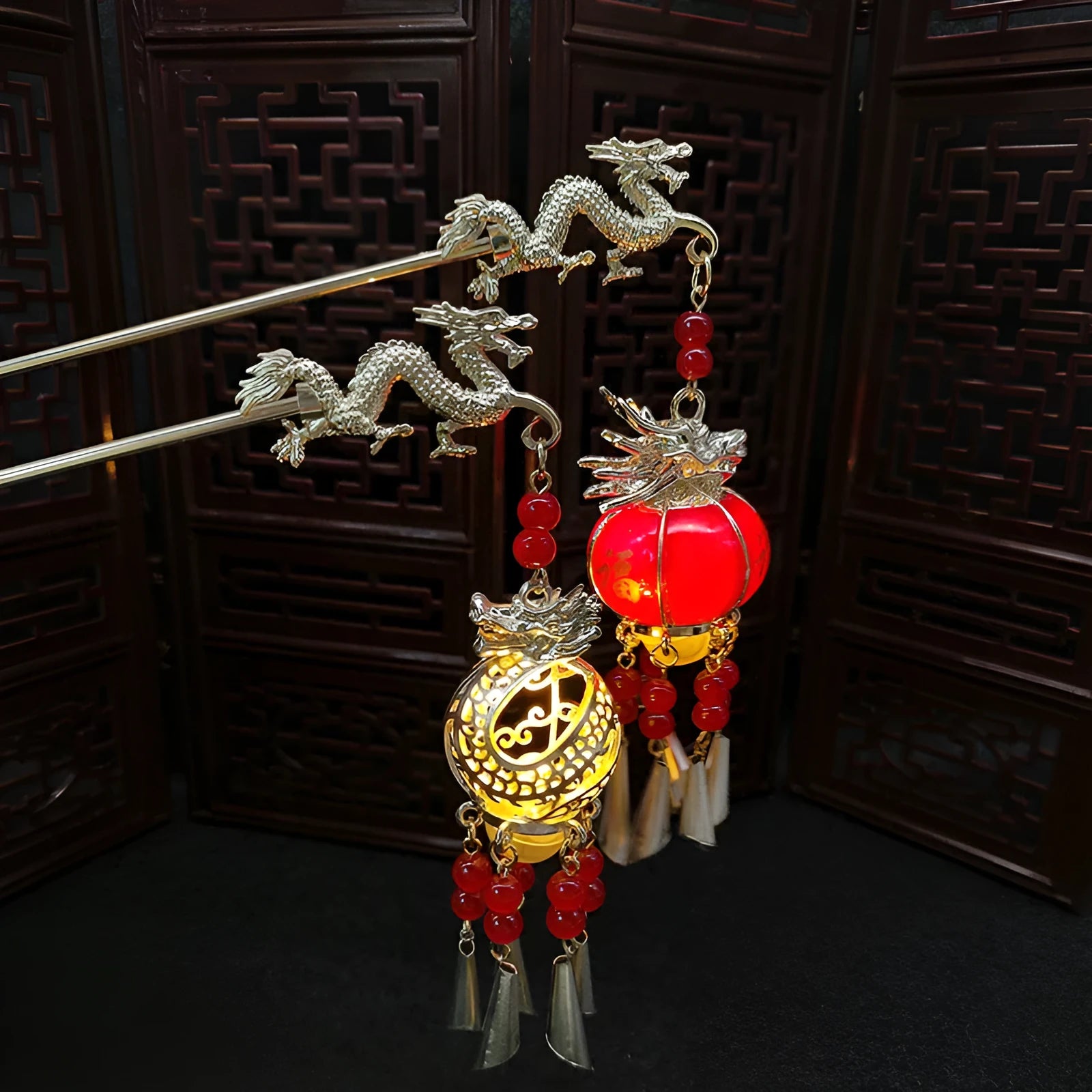 Dragon year luminous lantern hairpin with pearl finish and retro geometric design