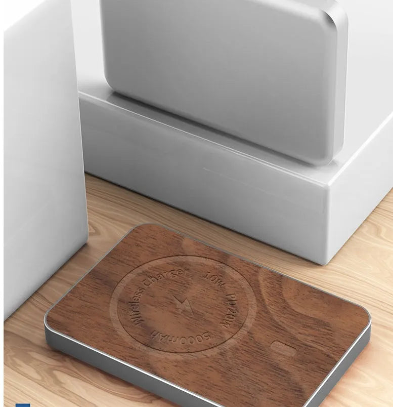 Khaki aluminium magnetic wireless charging power bank showing USB port and dimensions