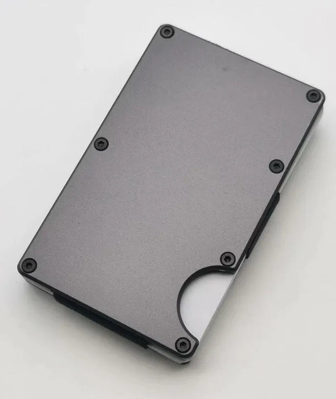 Carbon fibre RFID-blocking wallet with aluminium alloy grey finish showing 7 card slots