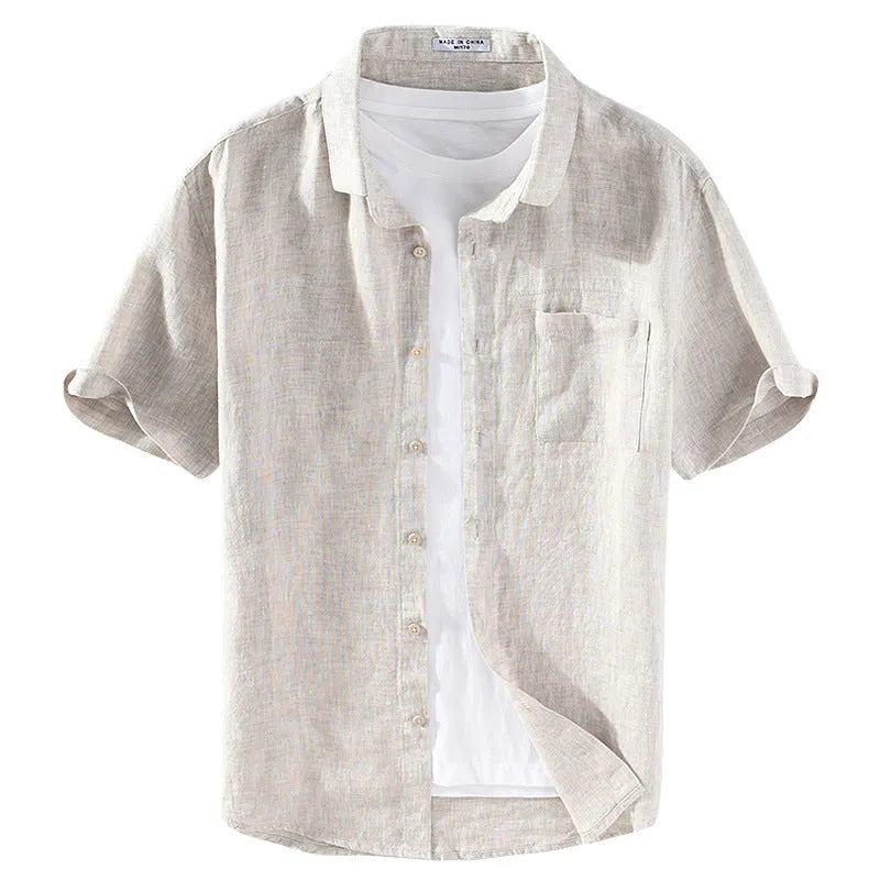 Men's casual short sleeve linen shirt with a square collar in raw jute colour