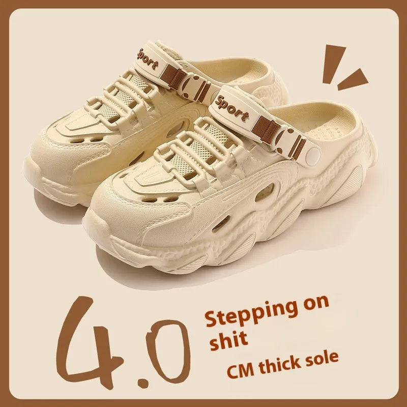 Khaki coloured men's summer slippers with a hollow out breathable design and a light-coloured EVA sole.