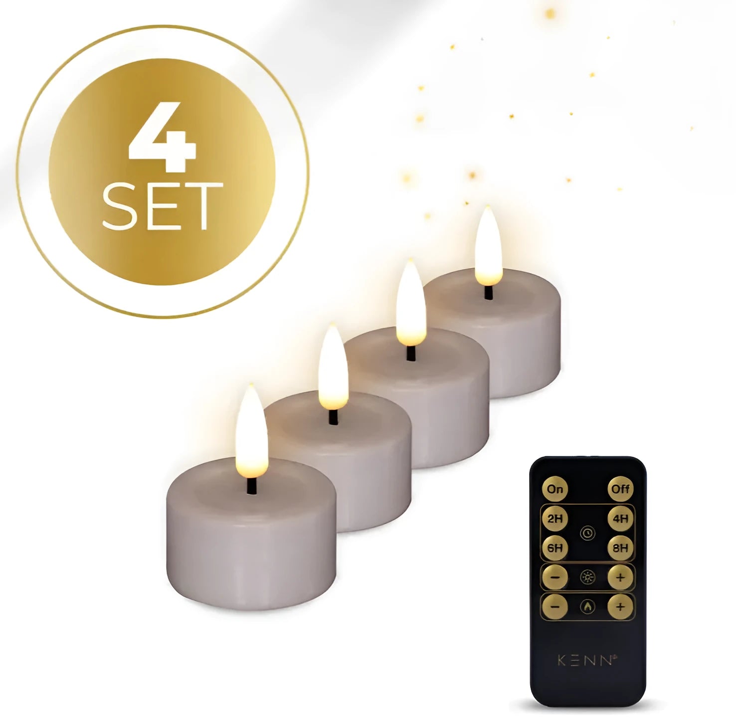Set of four taupe-coloured S4 LED flameless tealight candles showing flickering flame effect.