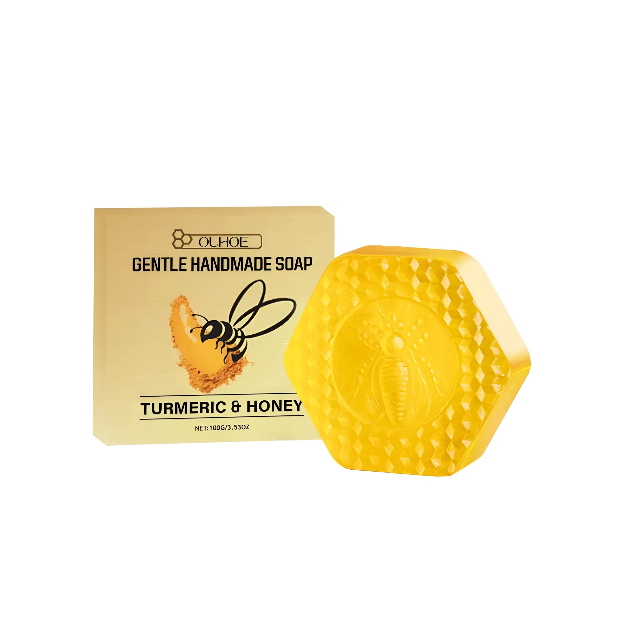 Turmeric detoxification soap bar 100g with honey ingredients wrapped in packaging