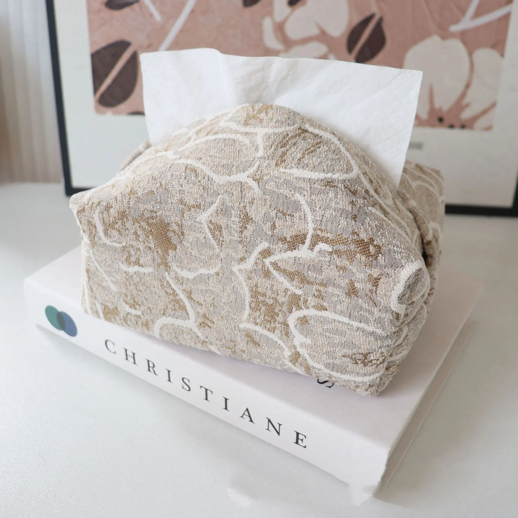 Cotton fabric decorative tissue box cover with drawer in beige, blue, or brown colour