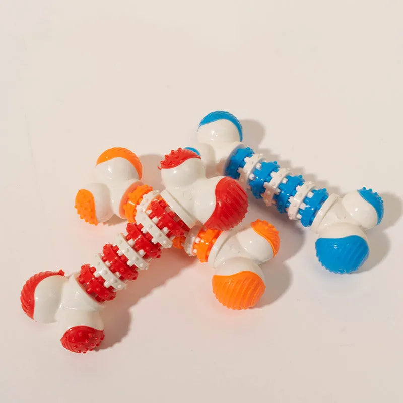 Blue, orange, and red bone-shaped interactive dog toy with treat holder for small breed dogs