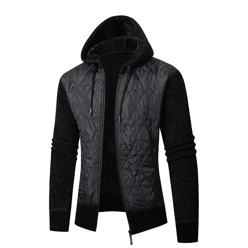 Men's grey wool corduroy hooded sweater coat with cinched waist shown on adult male model
