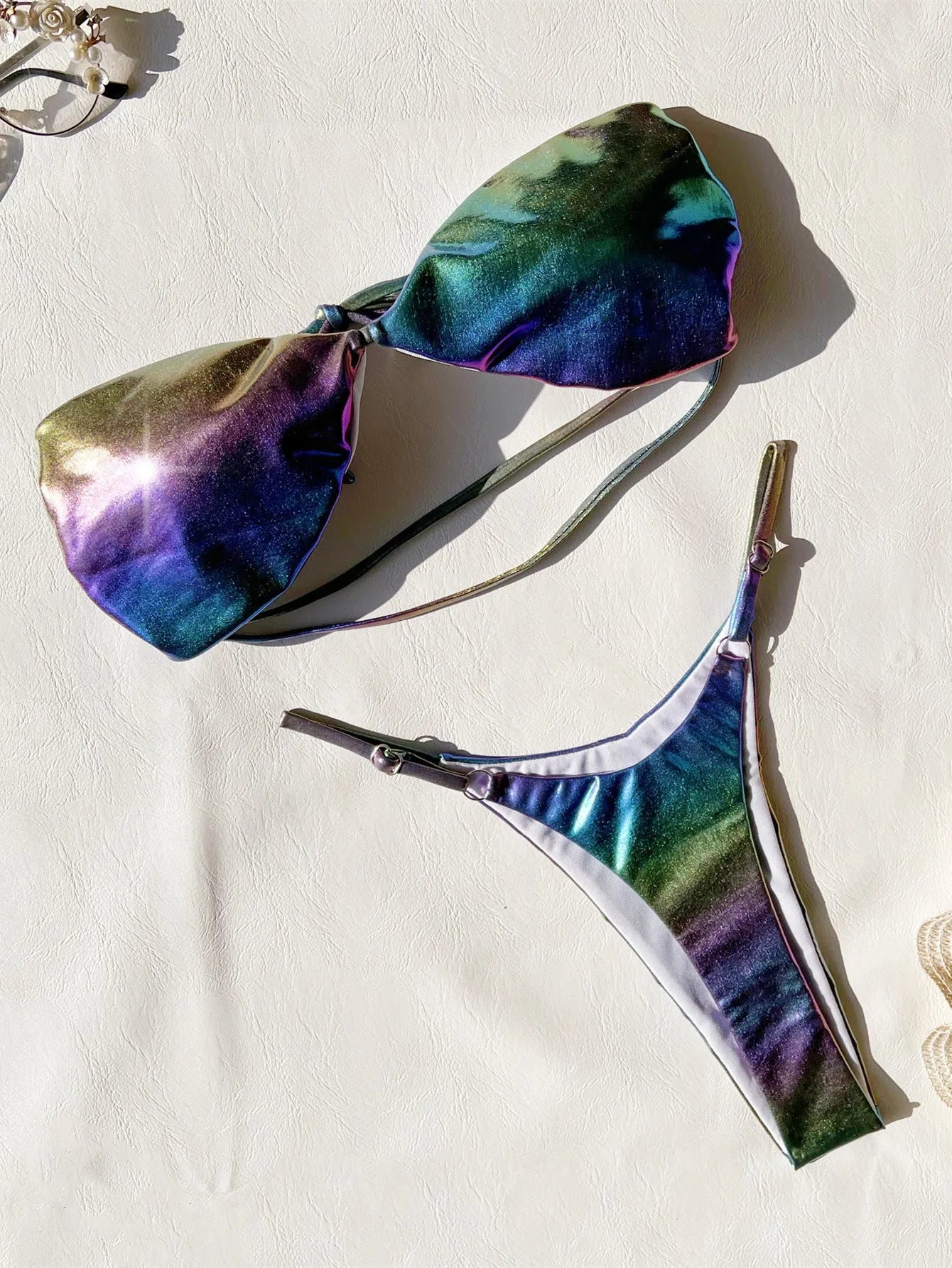 Women's gradient purple polyester bikini swimsuit showing colour transition effect