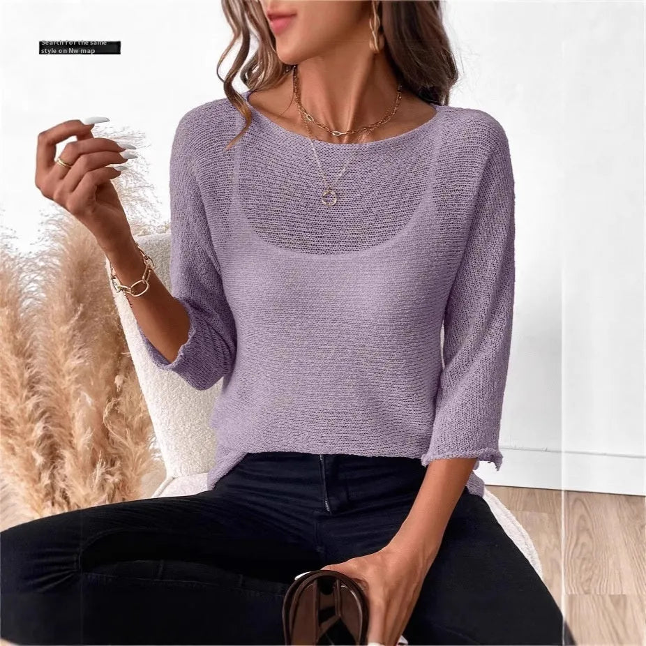 Women's off-shoulder knitted overall top in thin polyester with 3D pattern and 3/4 sleeves