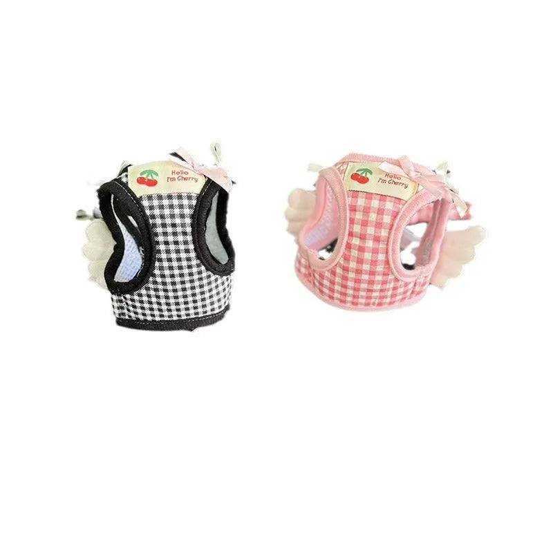 Pink and black cotton harness for small dogs with chest and back support and attached hand-holding rope