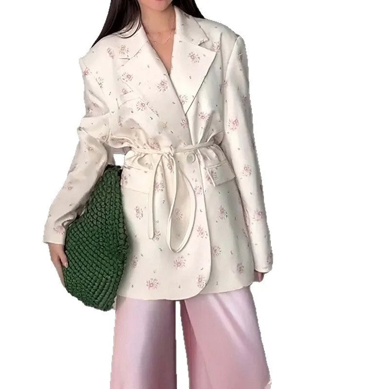 Women's printed polyester suit jacket with lace-up collar and waist-tight fit