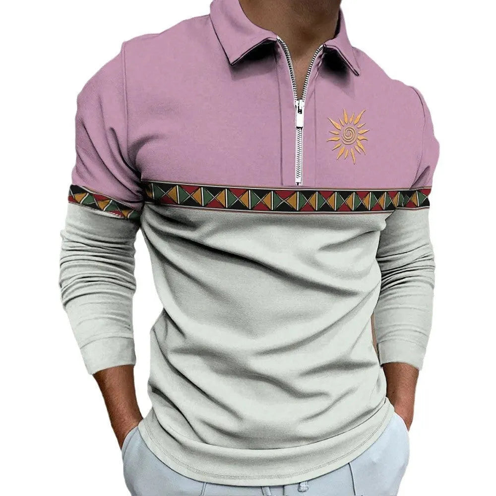 Men's loose-fit long sleeve polo shirt with retro colour printing and striped pattern.