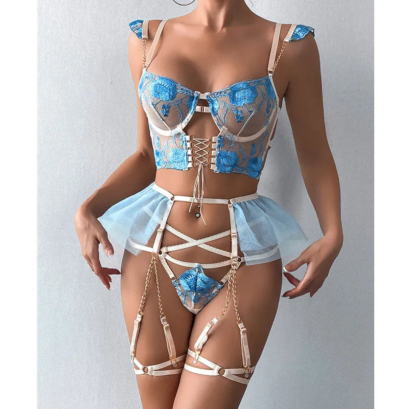 Light blue embroidered lace push-up bra and pants set with transparent mesh design