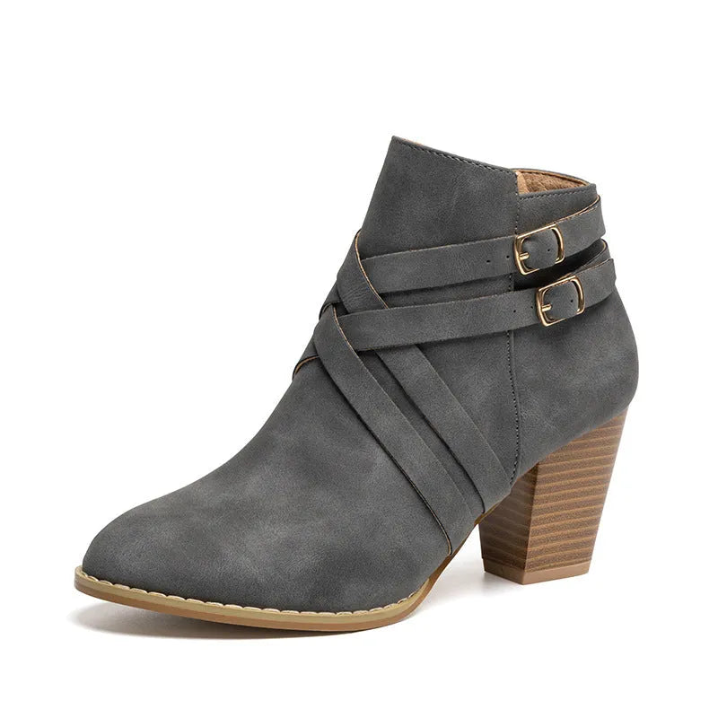 Plus size black short boots with side zip, buckle detail, and a 7cm thick heel.