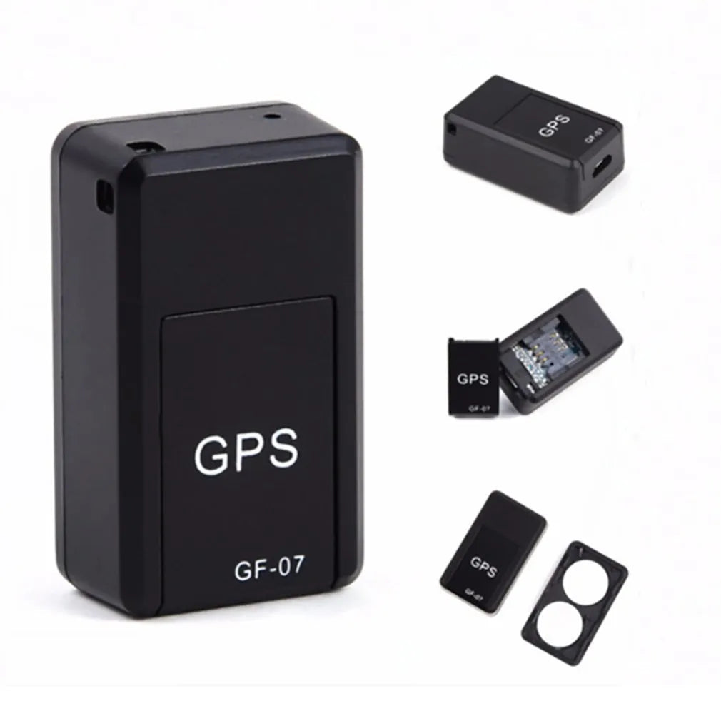 Black mini GPS car tracker device with magnetic mount for vehicle tracking