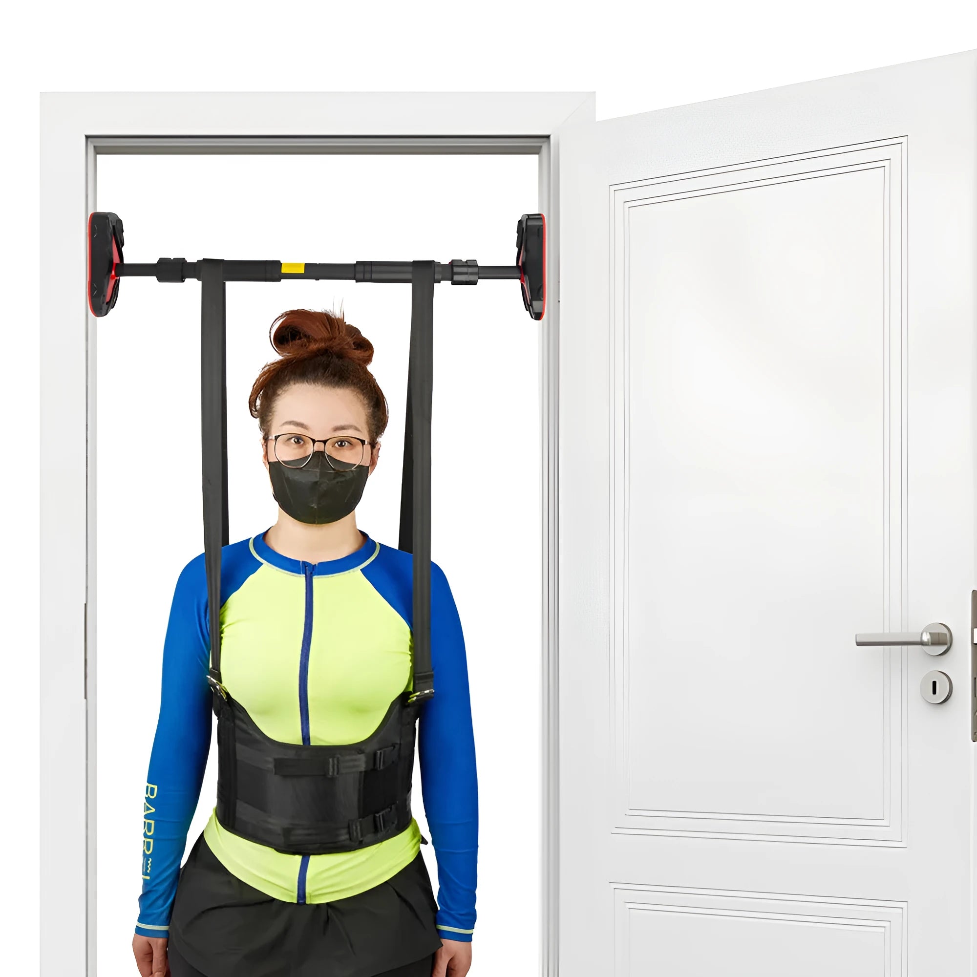 Black neoprene decompression back tensioner with hanging stretching belt for spine massage and traction