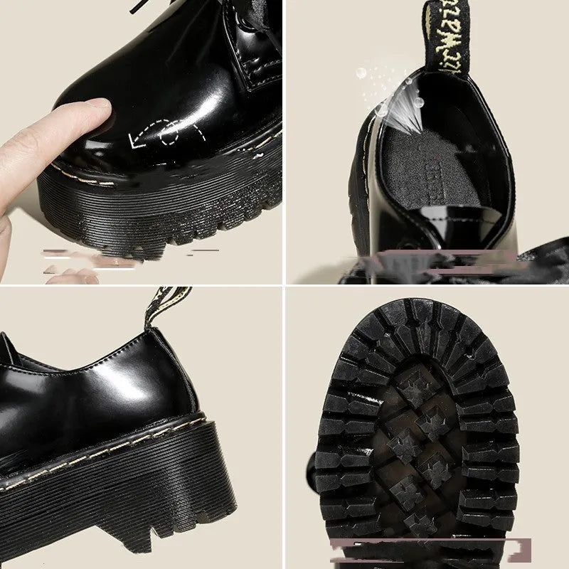 Women's black leather shoes with thick sole and cross-strap design
