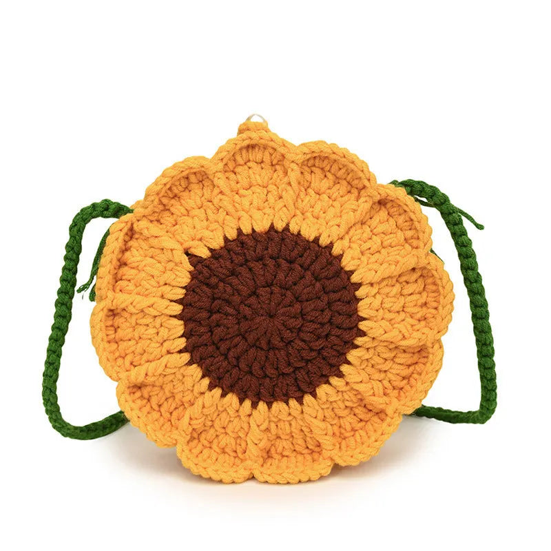 Hand-Woven Bag Wool Crocheted Floral Tote Round Shape Cotton Lining Mobile Phone Bag Available in Green Light Blue Royal Blue Yellow