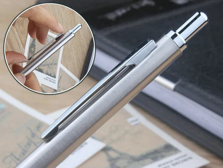 Silver metal automatic mechanical pencil with various lead size options shown.