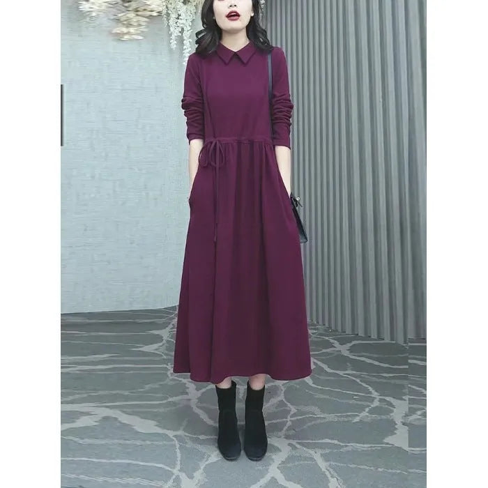 Purplish red women's plus size long dress with extra-long sleeves for autumn and winter wear
