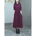 Purplish red women's plus size long dress with extra-long sleeves for autumn and winter wear