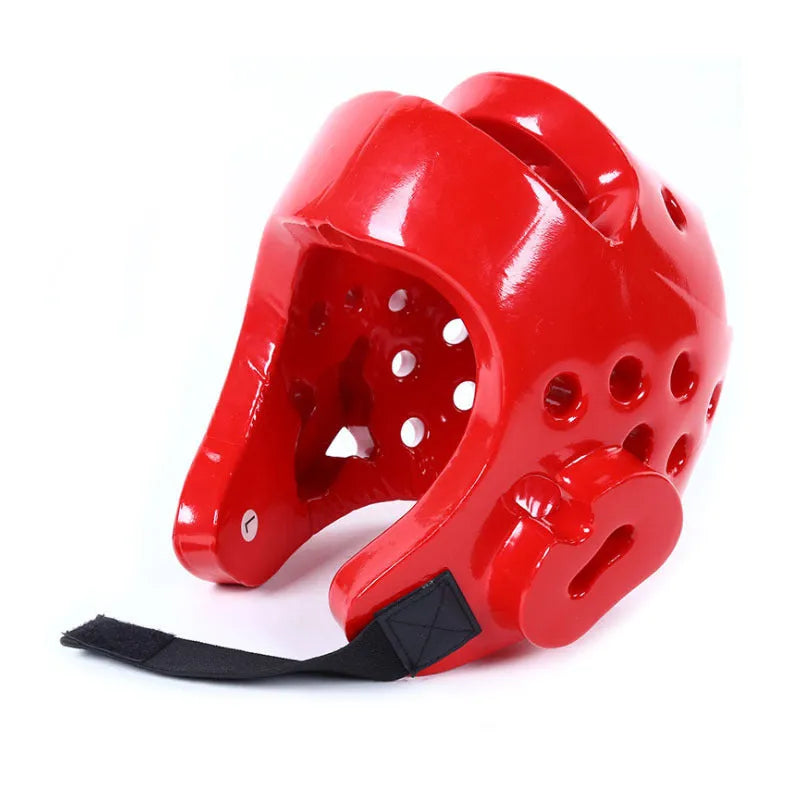 Red martial arts protective gear set including leg guard, helmet and gloves for karate and taekwondo training