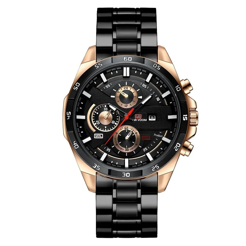 Men's casual watch with leather strap and business calendar display