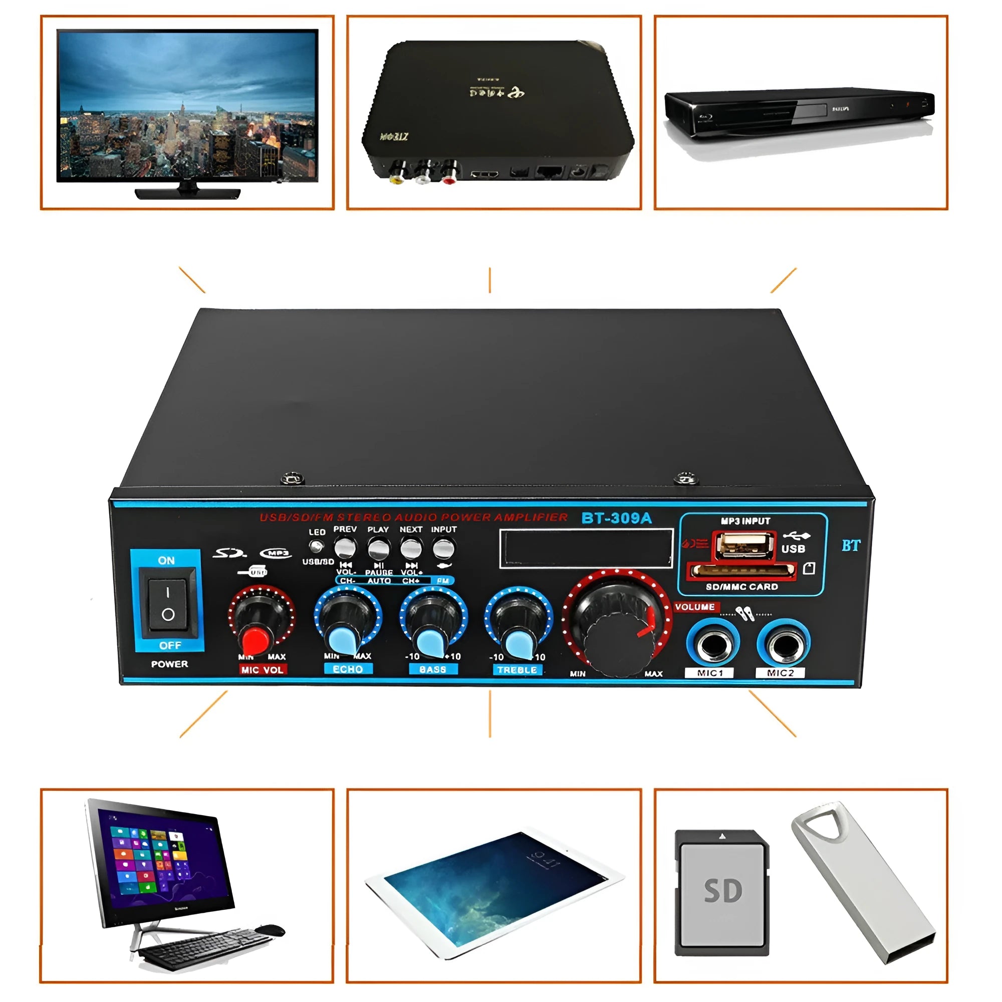 BT-309A-A black dual-purpose power amplifier with remote control for home and car audio