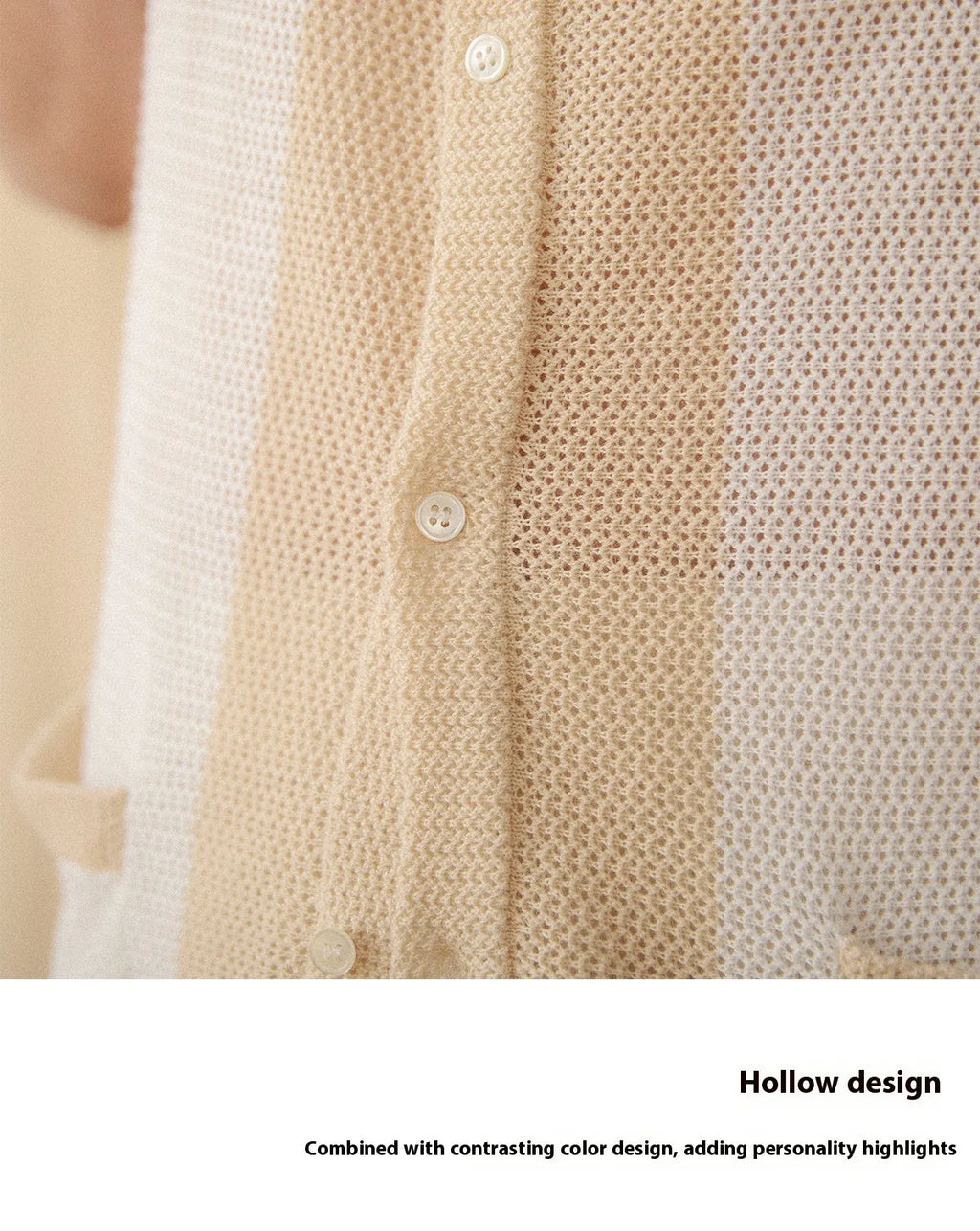Hollow knit short-sleeve linen cotton lapel cardigan in beige, women's casual top