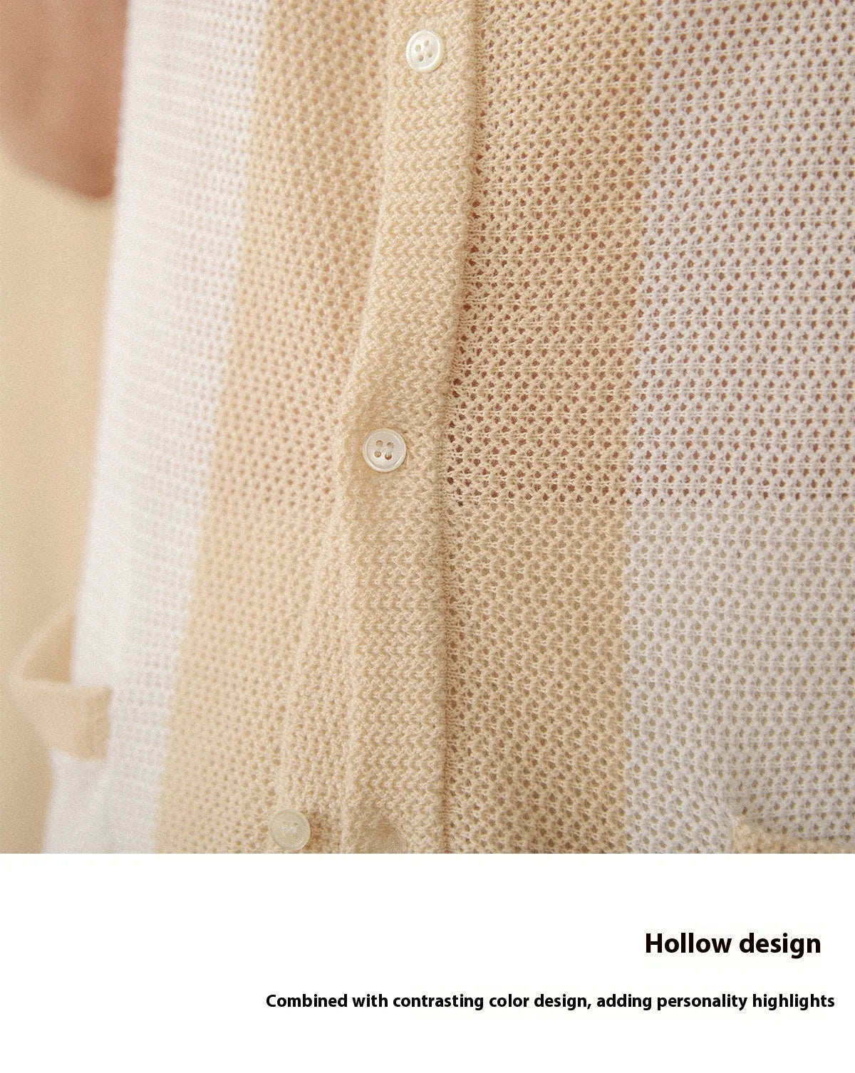 Hollow knit short-sleeve linen cotton lapel cardigan in beige, women's casual top