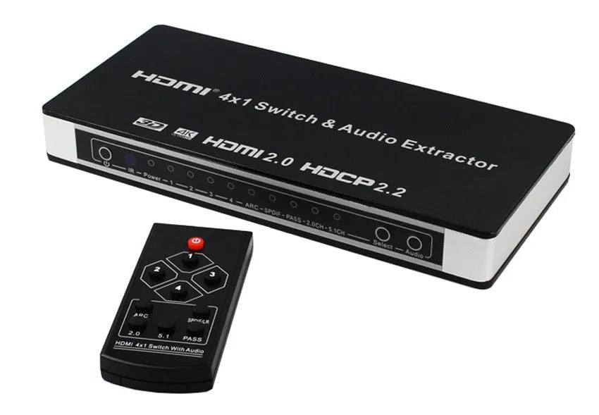 Black HDMI video switch with four inputs and one output, remote control, and power adapter