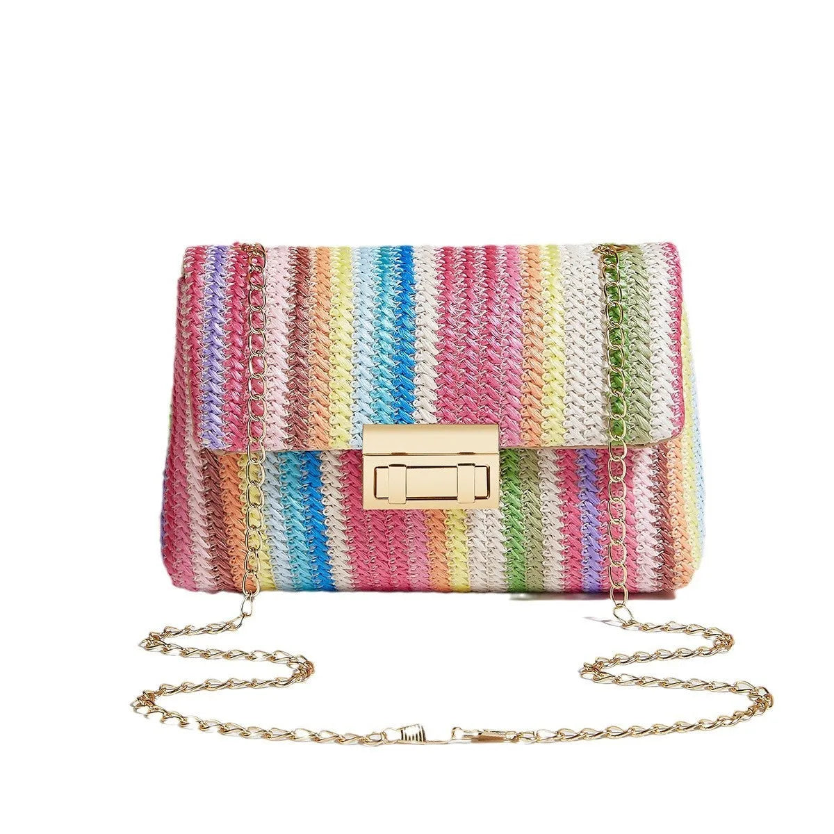 Women's straw cross-body bag in horizontal square shape, rainbow colour, with lock closure and single shoulder strap