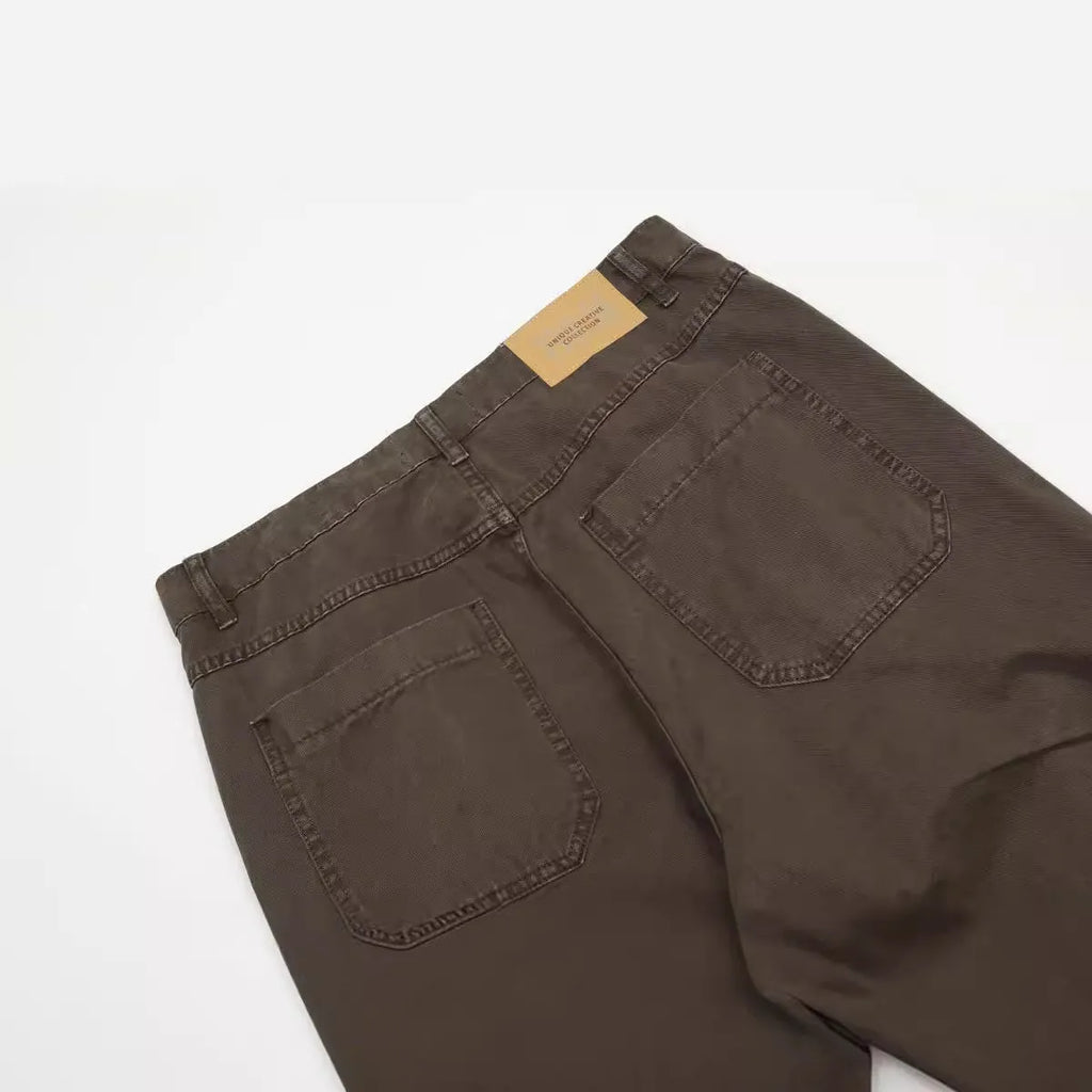 Men's straight-leg wide leg trousers in brown cotton fabric with high waist and zipper fly