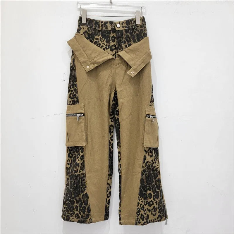 Women's dark khaki leopard print high waist jeans with tooling-style stitching detail