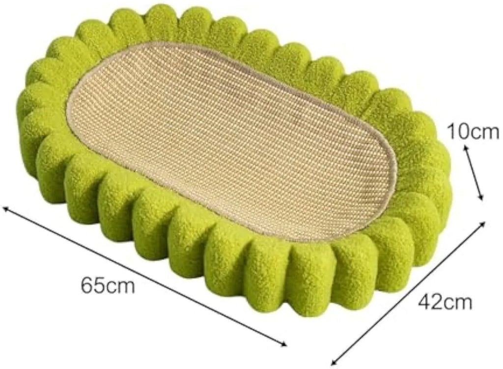Green oval cat scratch pad bowl made of sisal, serving as a cat scratcher and bed lounge