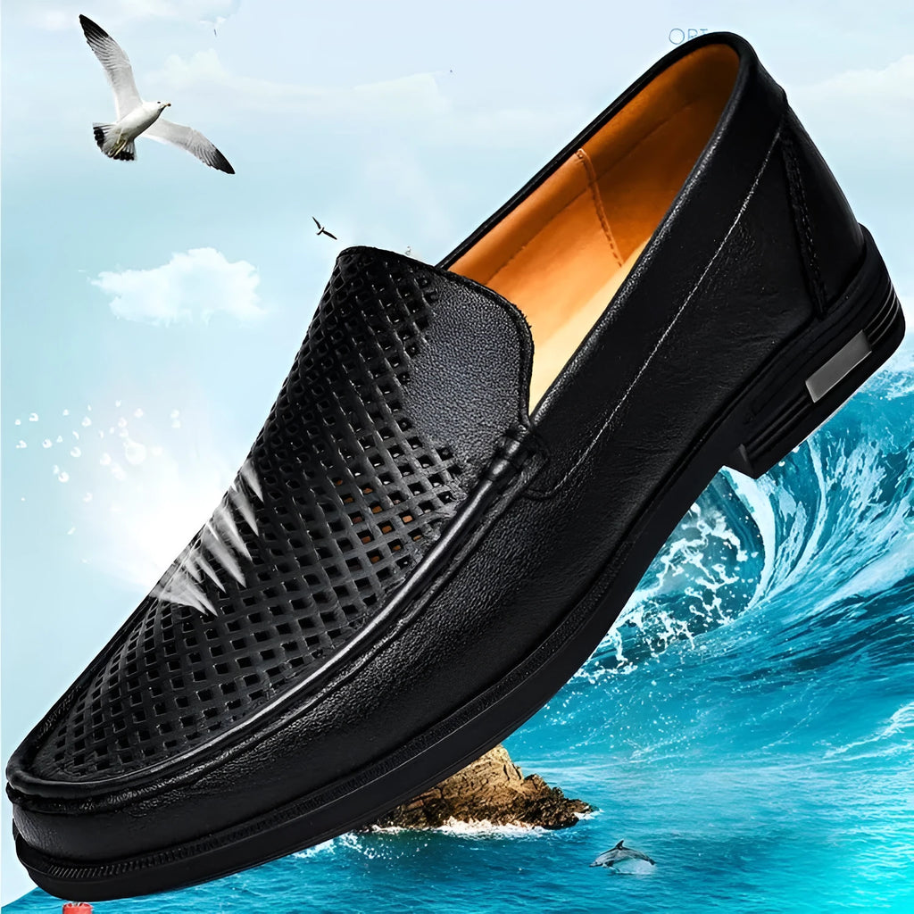 Breathable brown leather casual shoes for men with round toe, car-stitching detail, and leather covers
