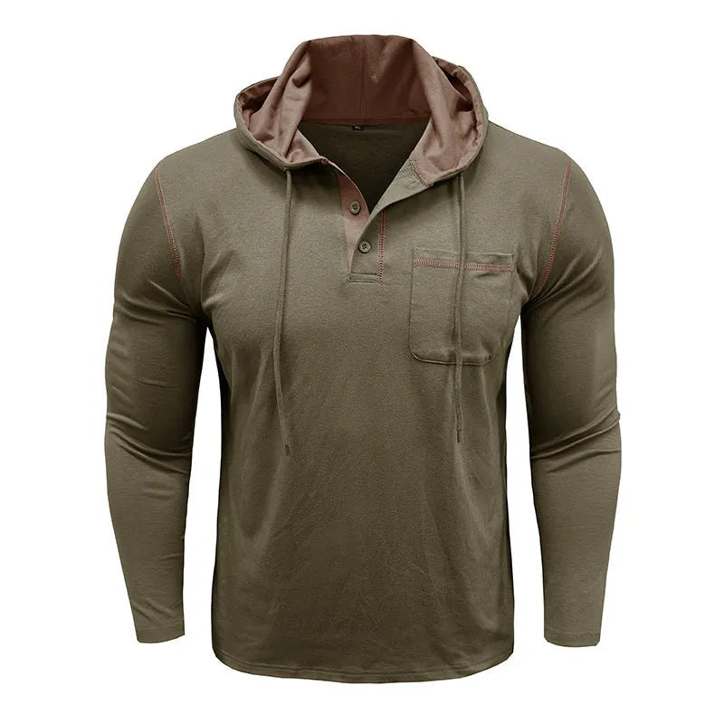 Men's long-sleeved hooded Henley shirt in wine red, showing pullover style and Hoodie neckline
