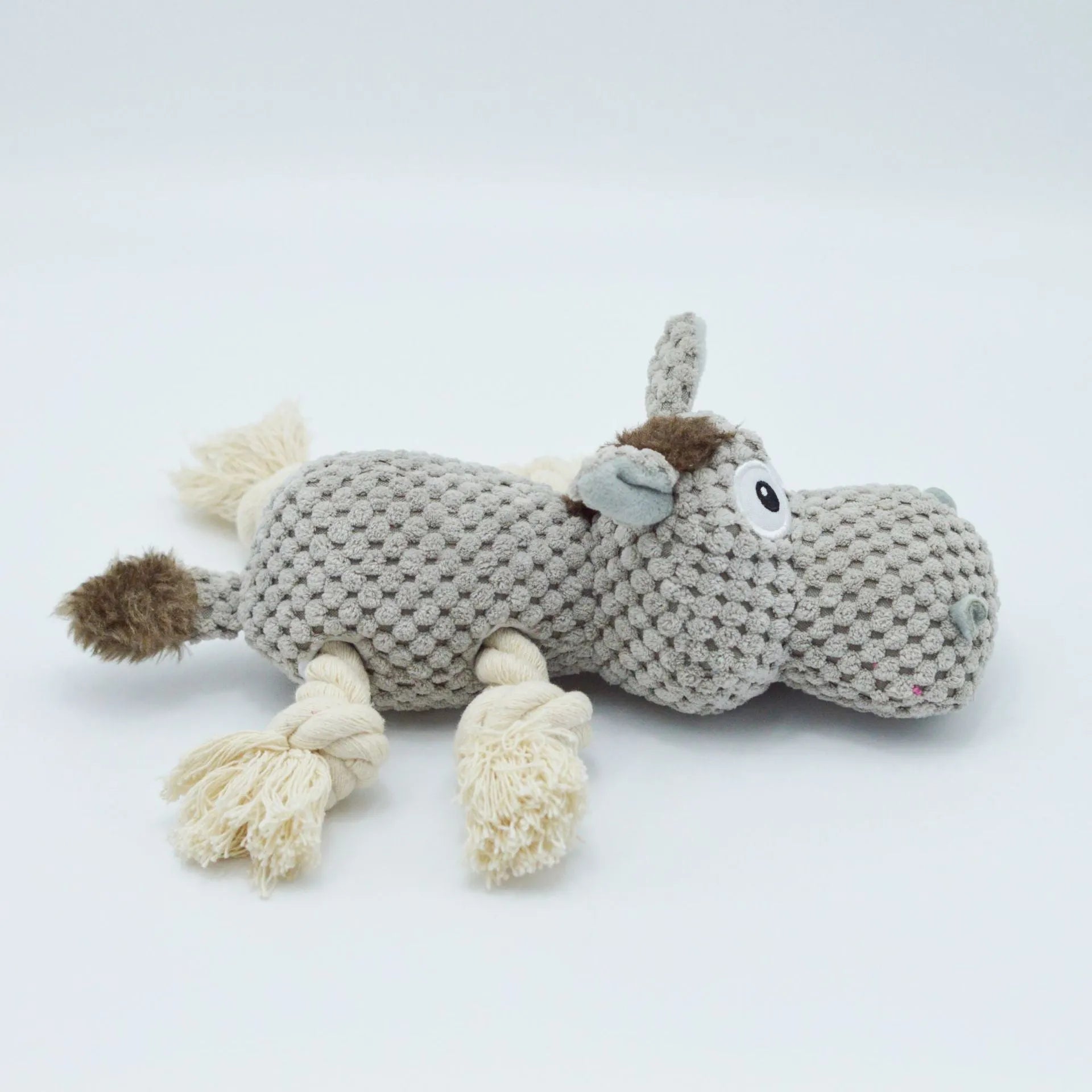 Gray donkey cloth velvet dog toy with creak sound on white background, measuring 27x20x9.5cm