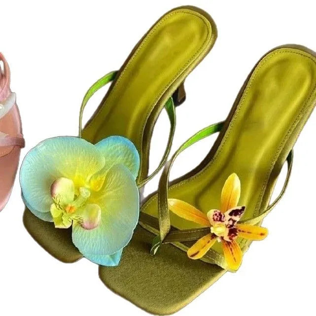 Handmade asymmetric flower sandals for women, high heel semi-slipper, calf leather square toe, available in green
