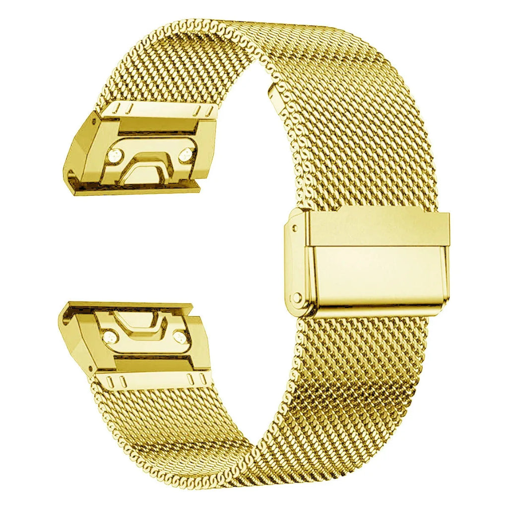 Stainless steel card holder strap for Garmin Fenix smartwatch in silver, black, gold, and rose gold.
