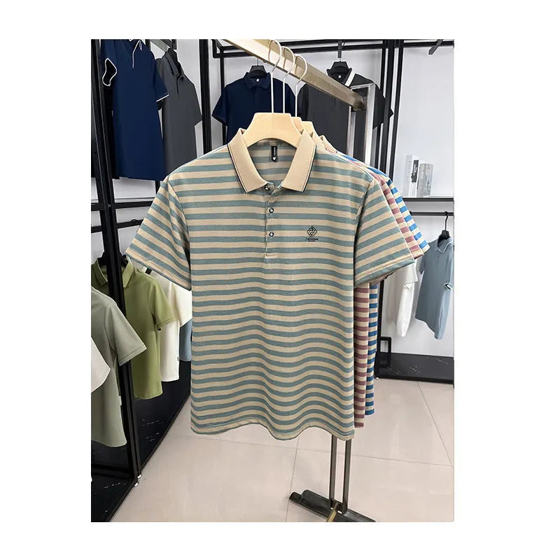 Men's striped short sleeve casual shirt with mosaic pattern in polyester fabric