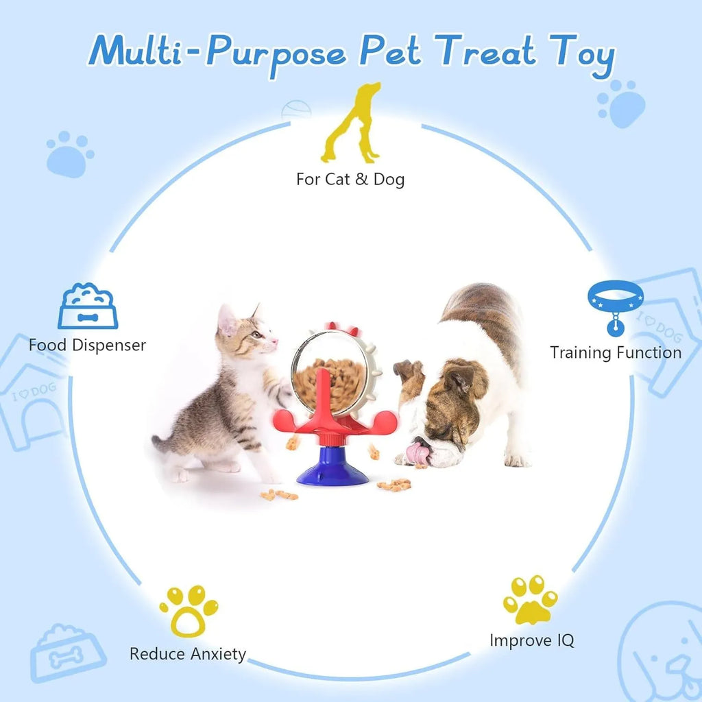 Interactive pet puzzle feeder toy with rotating food dispenser and sucker base in blue green red yellow
